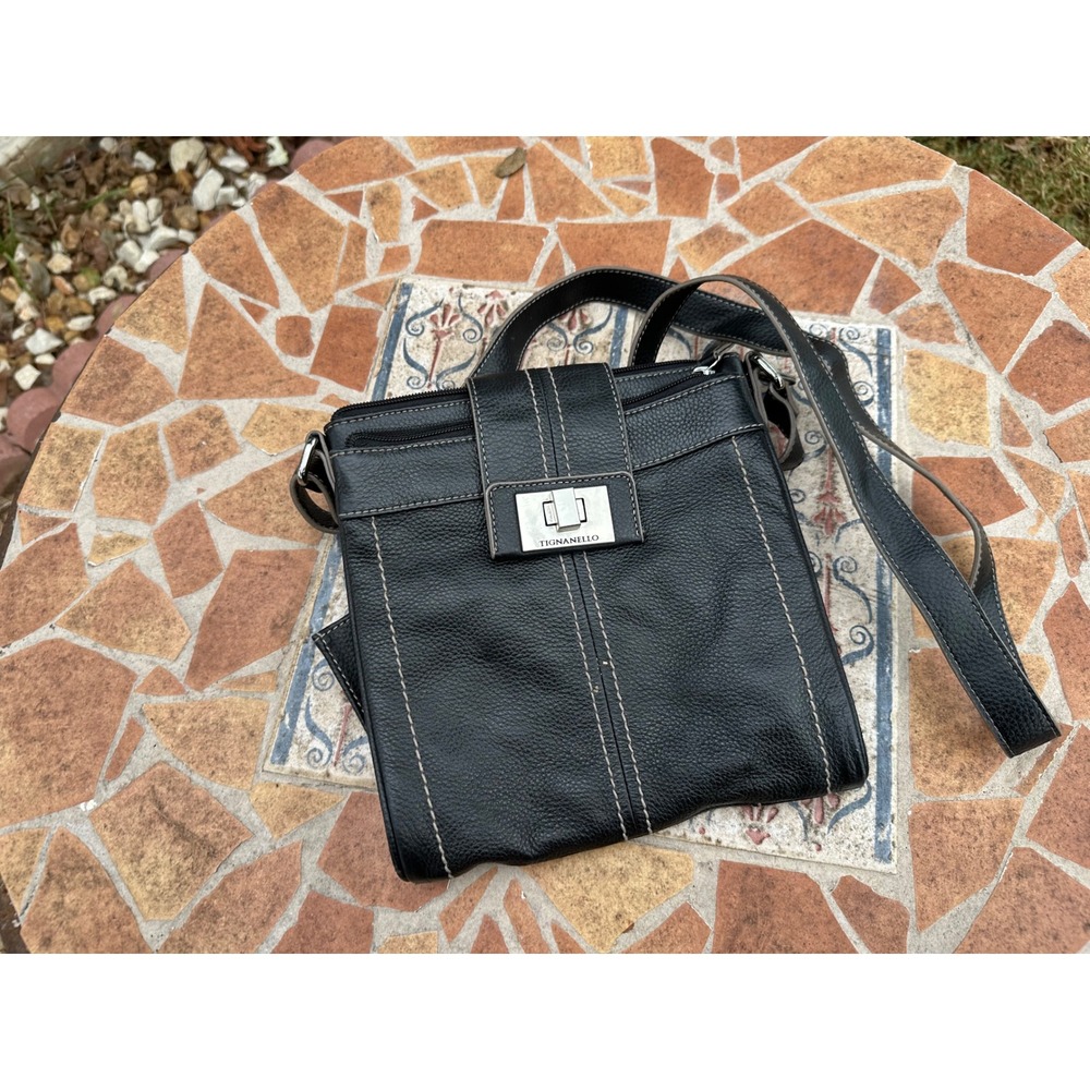 Tignanello Black Pebbled Leather Crossbody Bag Contrast Stitch Turn Lock Purse